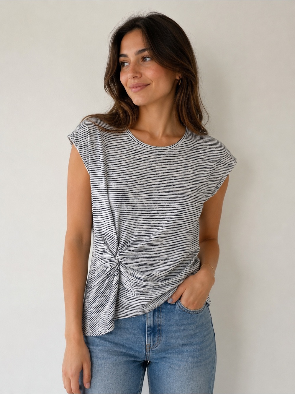 Max Studio Black & White‎ Striped Knot Top